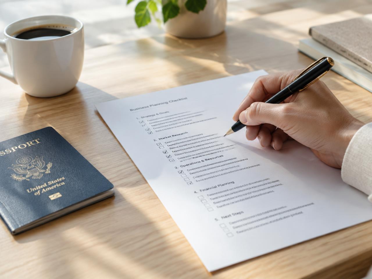 A hand checking off a business plan beside a passport and coffee
