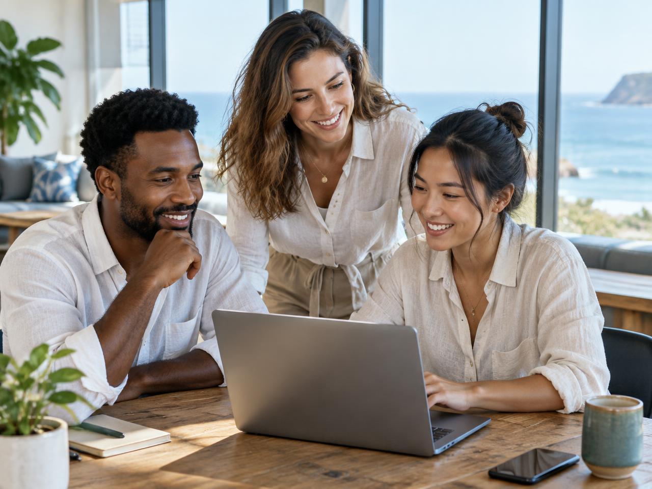 Three professionals sharing ideas in a bright coastal coworking space