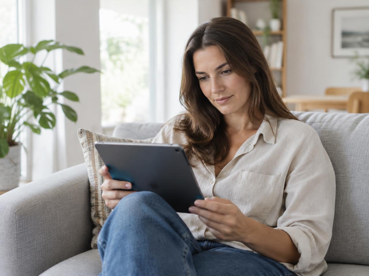 A travel enthusiast researching on a tablet in a bright living room