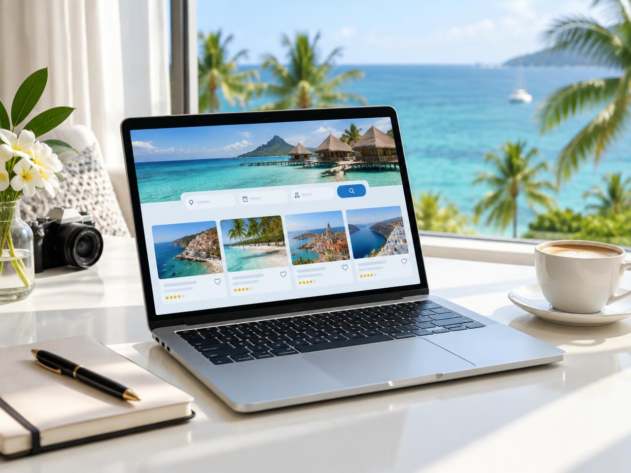 A laptop displaying travel destinations beside an ocean-view window